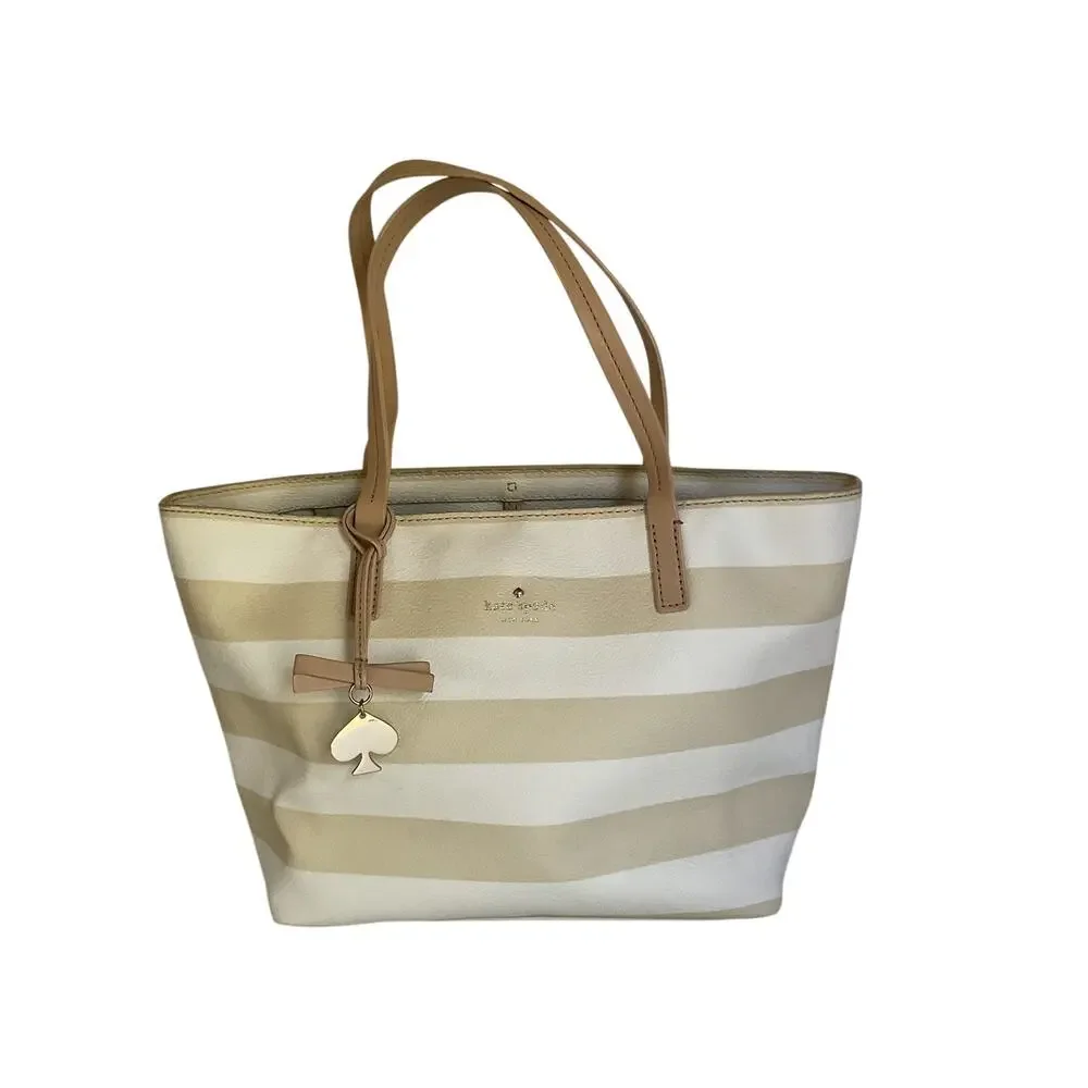 Kate Spade New York Striped Tote Bag Cream Beige Spade Charm Bow Shopper